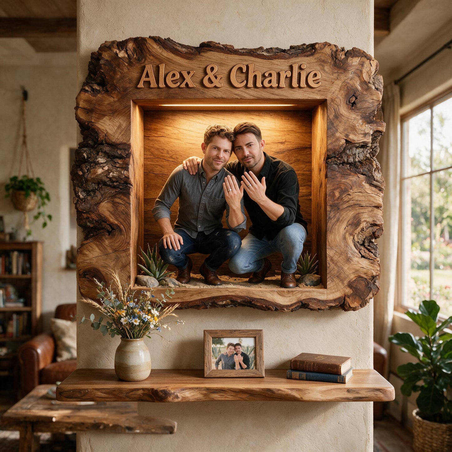 Personalized LGBT Latin Couple Live Edge Wooden Floating Shelf, Unique Engagement Wedding Gift for Queer Couple Home Decor