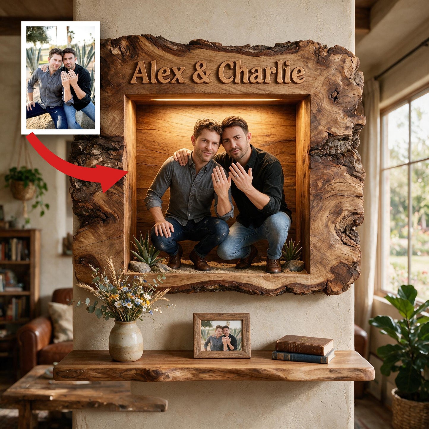 Personalized LGBT Latin Couple Live Edge Wooden Floating Shelf, Unique Engagement Wedding Gift for Queer Couple Home Decor