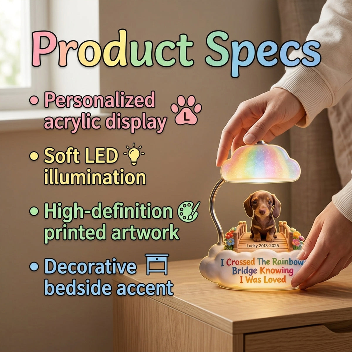 Personalized Tan Welsh Corgi Rainbow Bridge Memorial Acrylic LED Night Light Pet Loss Remembrance Gift
