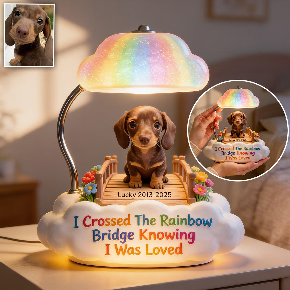 Personalized Tan Welsh Corgi Rainbow Bridge Memorial Acrylic LED Night Light Pet Loss Remembrance Gift