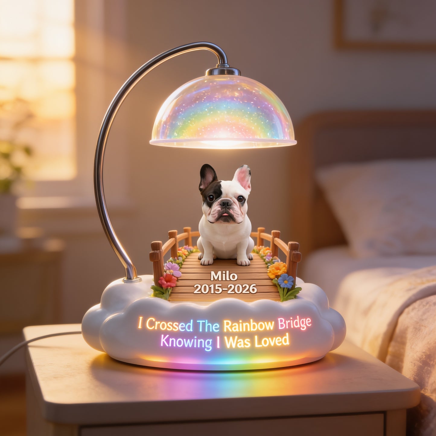 Personalized French Bulldog Rainbow Bridge Memorial Acrylic LED Night Light, Pet Loss Sympathy Keepsake Gift
