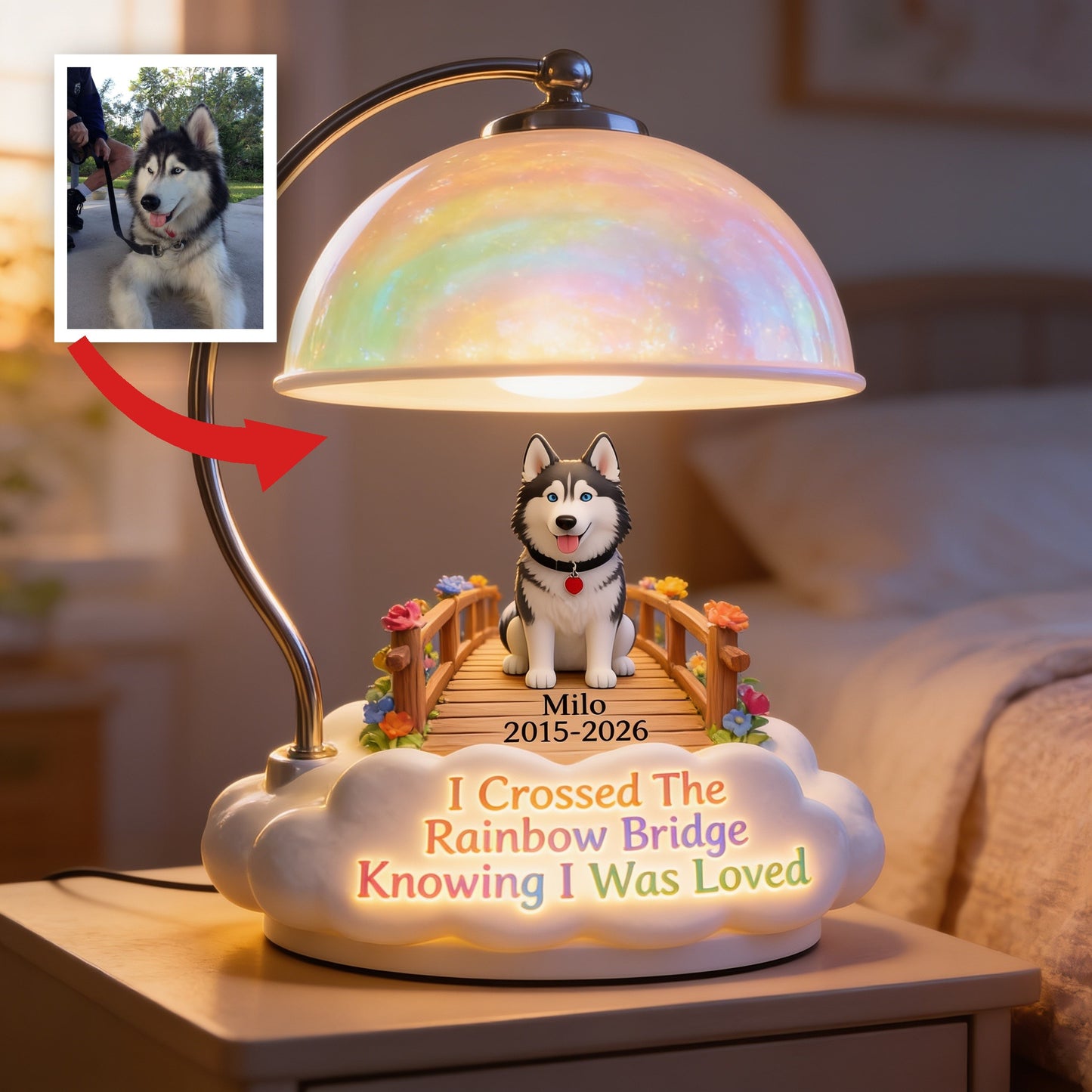 Personalized Siberian Husky Rainbow Bridge Memorial Acrylic LED Night Light, Dog Loss Sympathy Keepsake Gift