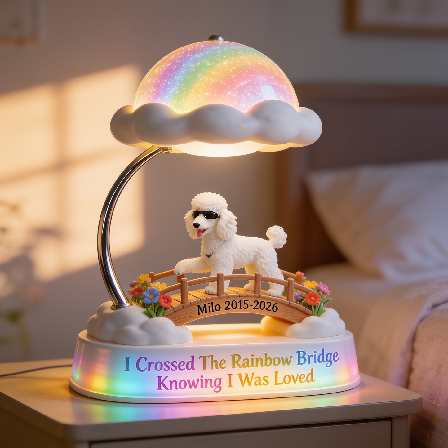 Personalized White Fluffy Samoyed Rainbow Bridge Memorial Acrylic LED Night Light - Dog Loss Sympathy Gift
