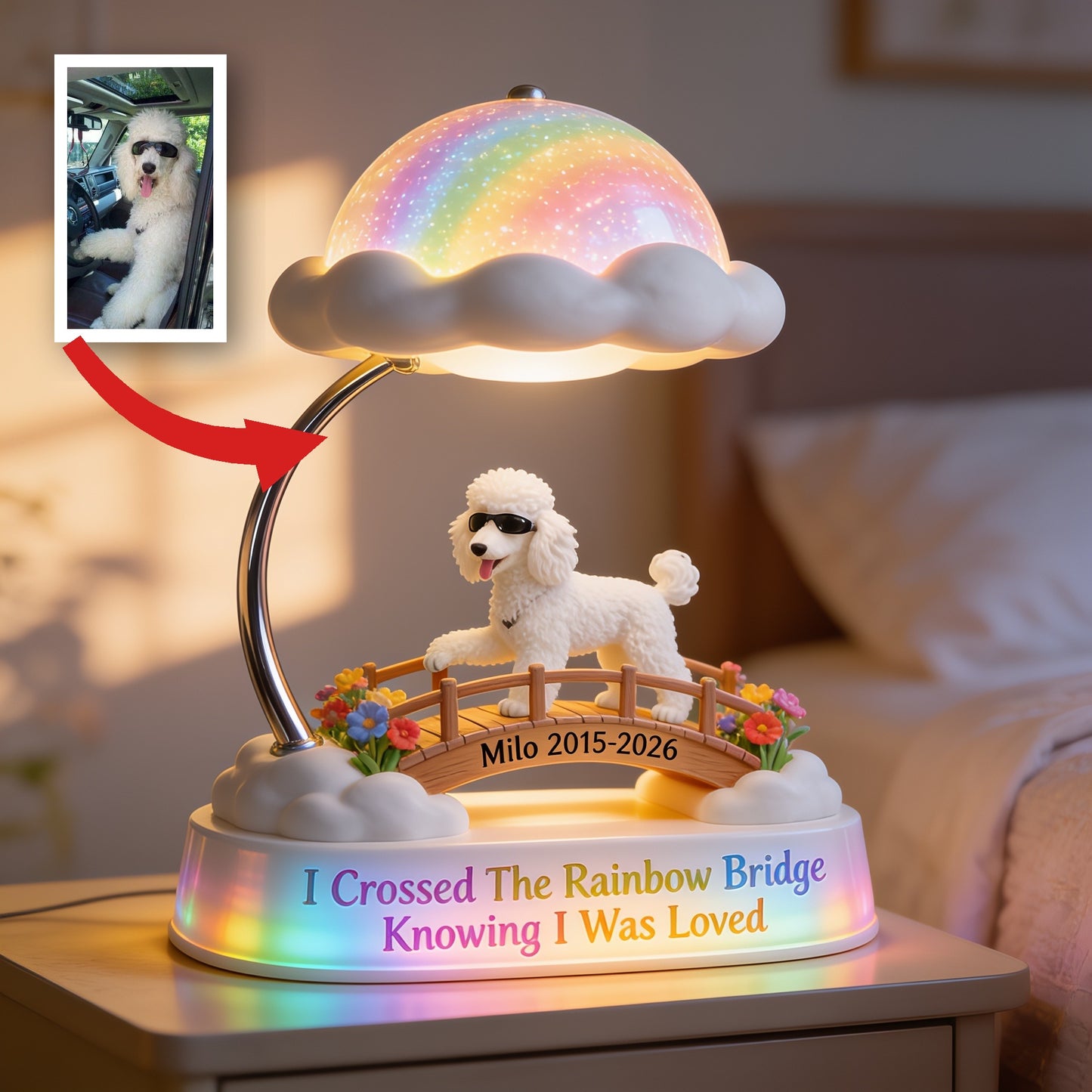Personalized White Fluffy Samoyed Rainbow Bridge Memorial Acrylic LED Night Light - Dog Loss Sympathy Gift
