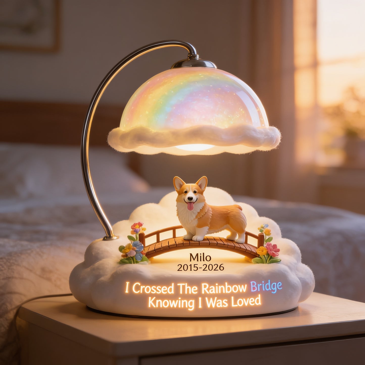 Personalized Tan Welsh Corgi Rainbow Bridge Memorial Acrylic LED Night Light Pet Loss Remembrance Gift