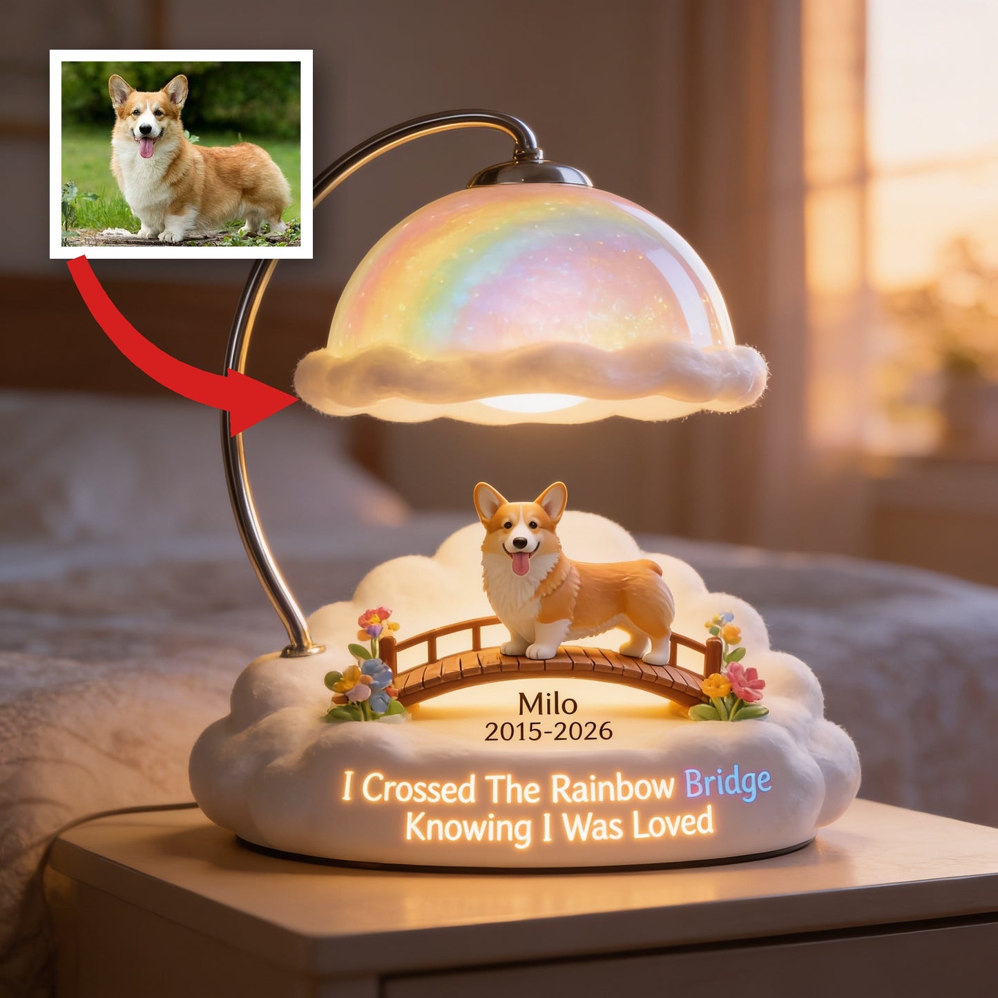 Personalized Tan Welsh Corgi Rainbow Bridge Memorial Acrylic LED Night Light Pet Loss Remembrance Gift