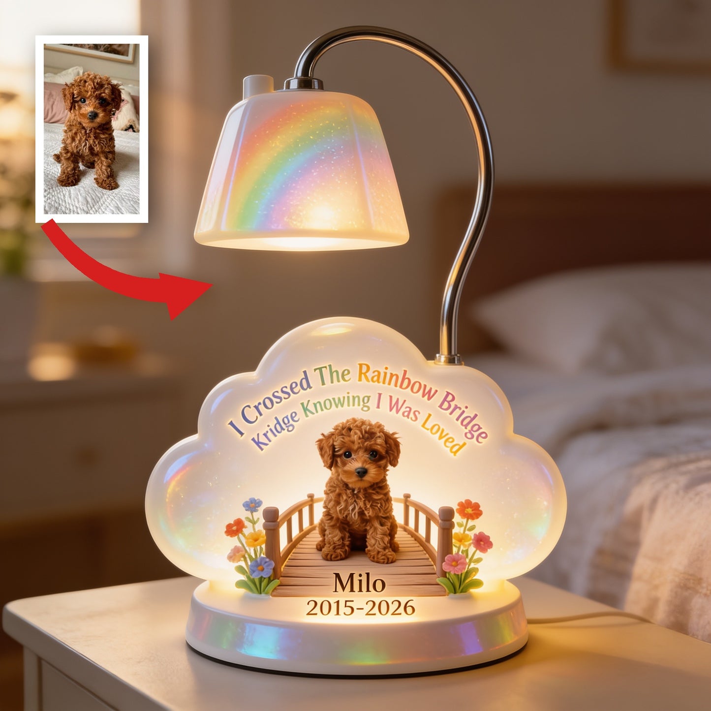 Personalized Curly Brown Poodle Rainbow Bridge Memorial Acrylic LED Night Light, Pet Loss Keepsake Gift