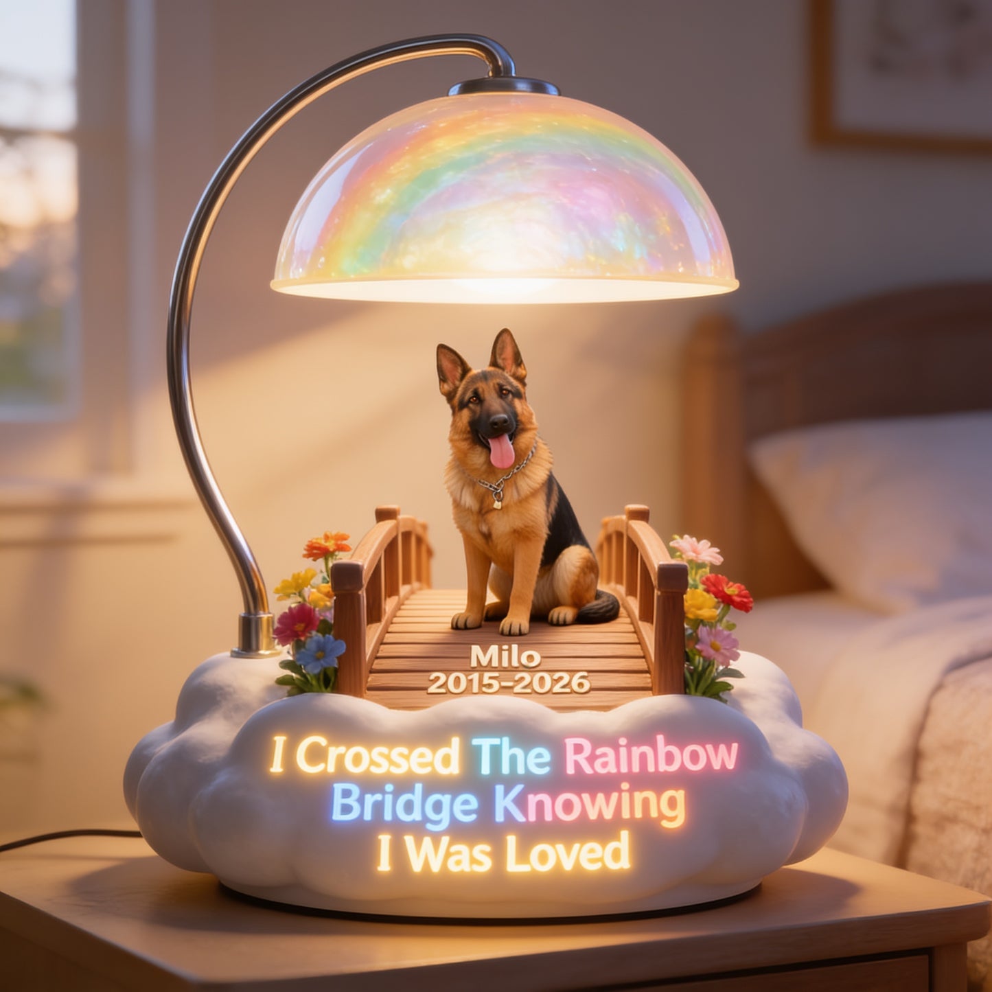 Personalized German Shepherd Rainbow Bridge Memorial Acrylic LED Night Light, Dog Loss Sympathy Keepsake Gift