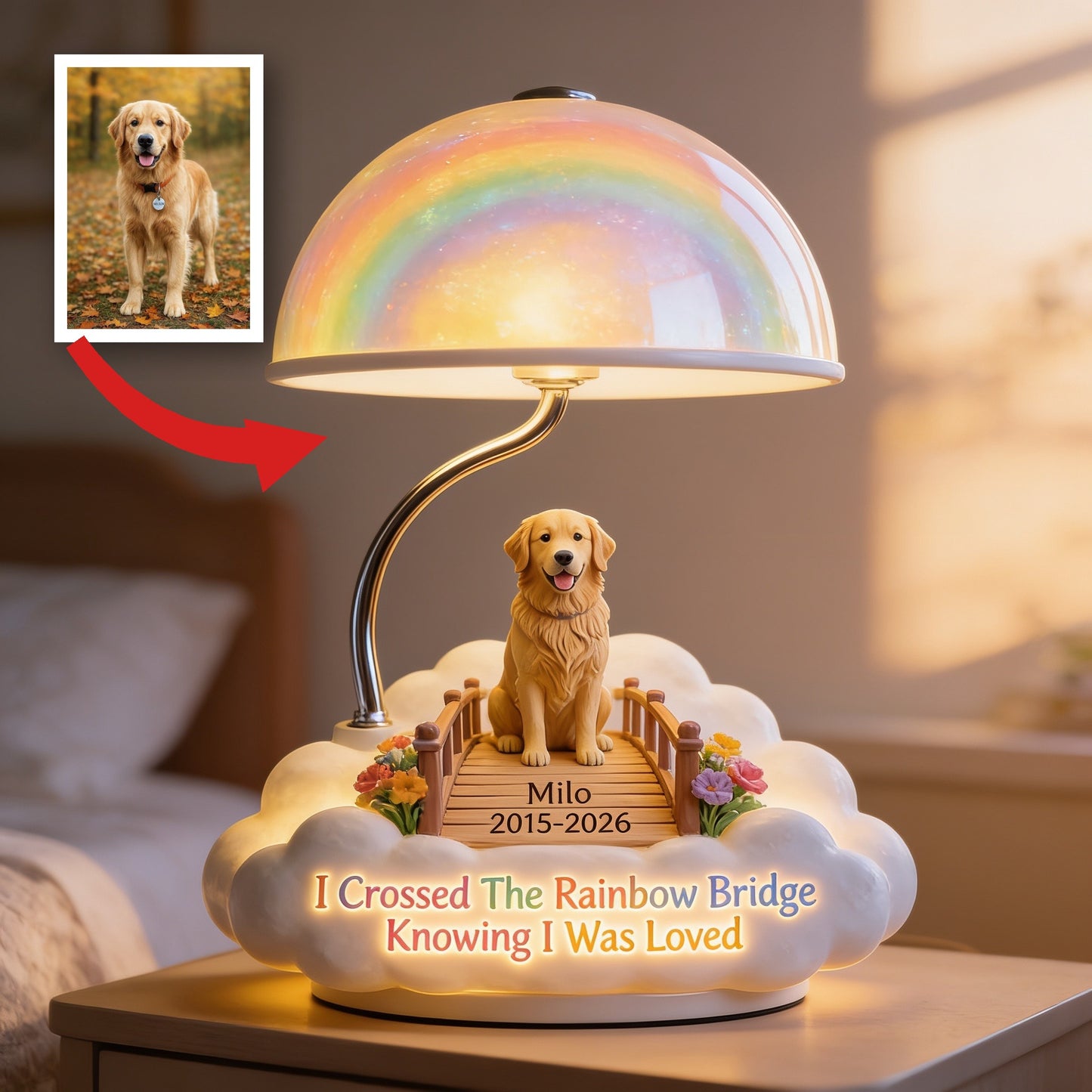 Personalized Golden Retriever Rainbow Bridge Memorial LED Night Light, Custom Pet Loss Remembrance Gift