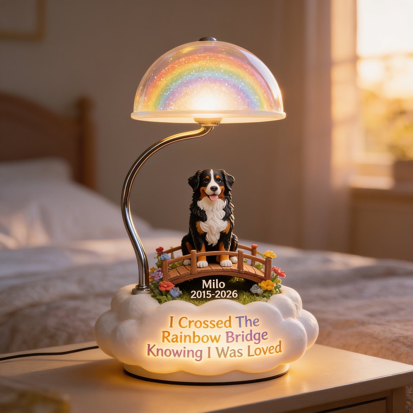 Personalized Tri-Color Australian Shepherd Rainbow Bridge Memorial Acrylic LED Night Light, Pet Loss Sympathy Gift