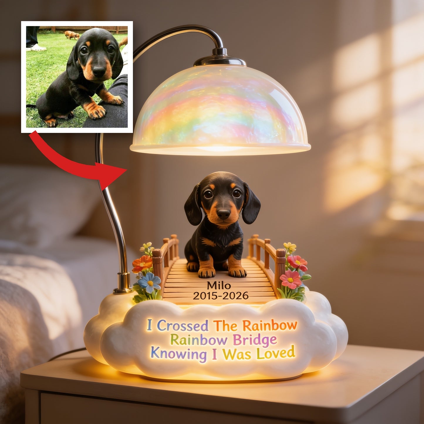 Personalized Black & Tan Dachshund Rainbow Bridge Memorial Acrylic LED Night Light, Dog Loss Remembrance Gift