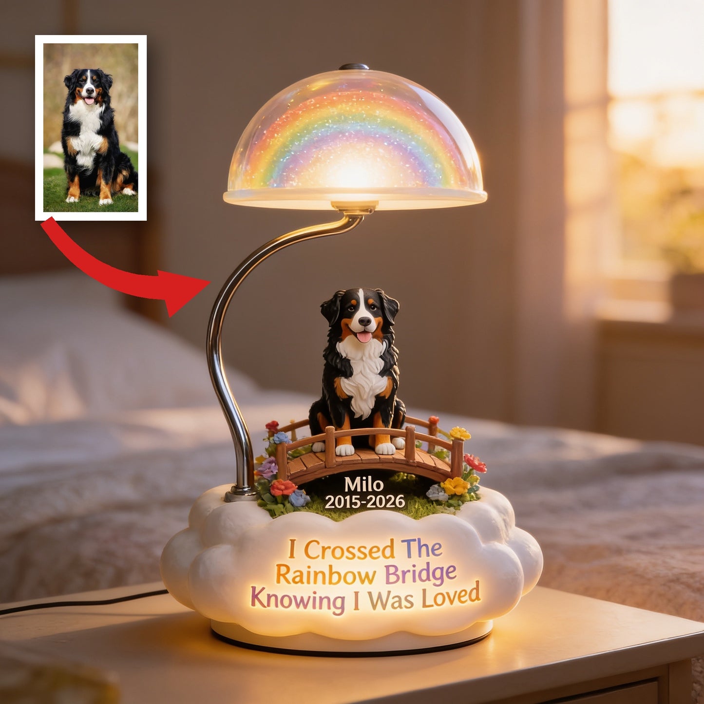 Personalized Tri-Color Australian Shepherd Rainbow Bridge Memorial Acrylic LED Night Light, Pet Loss Sympathy Gift