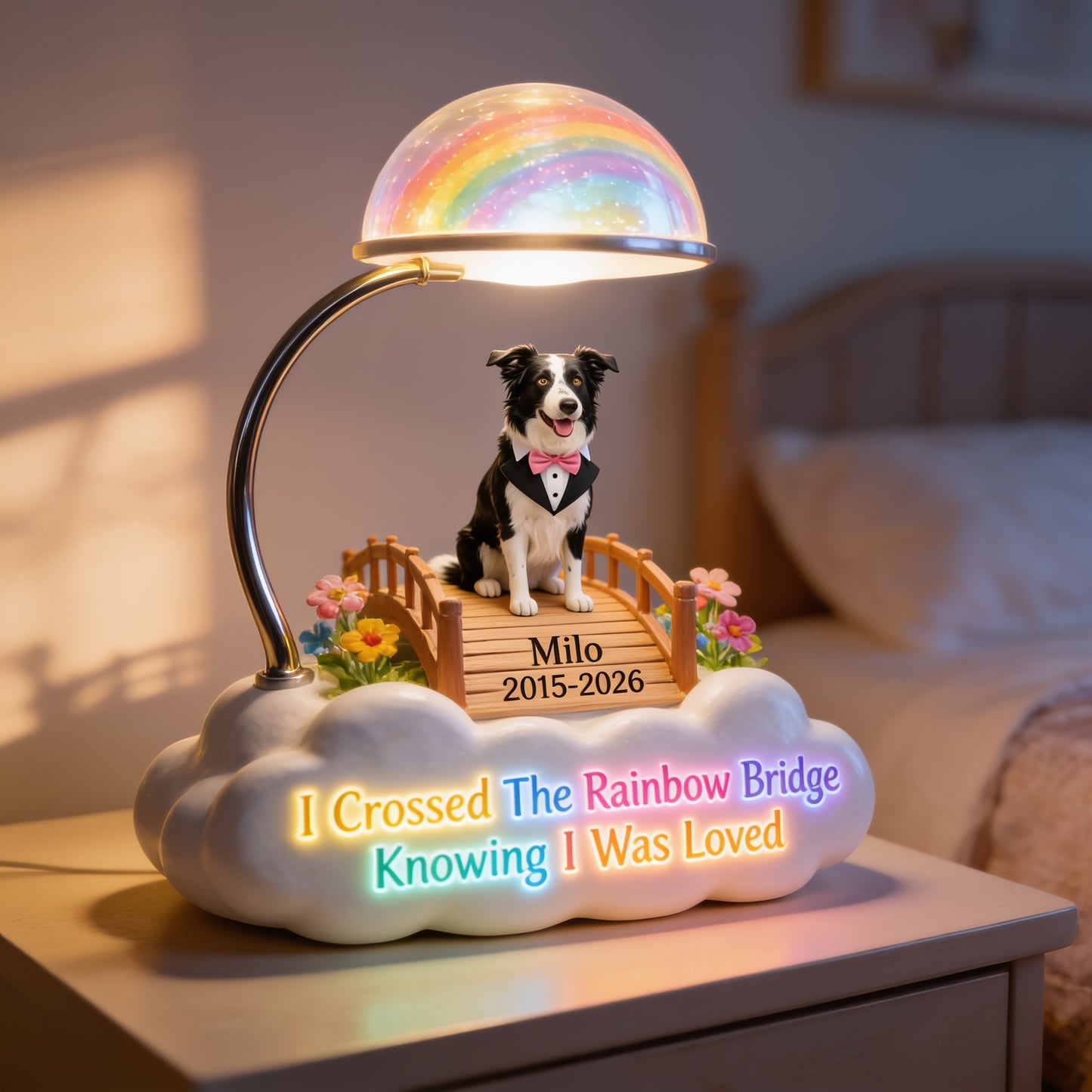 Personalized Rainbow Bridge Border Collie Memorial Acrylic LED Night Light, Custom Dog Loss Keepsake Gift
