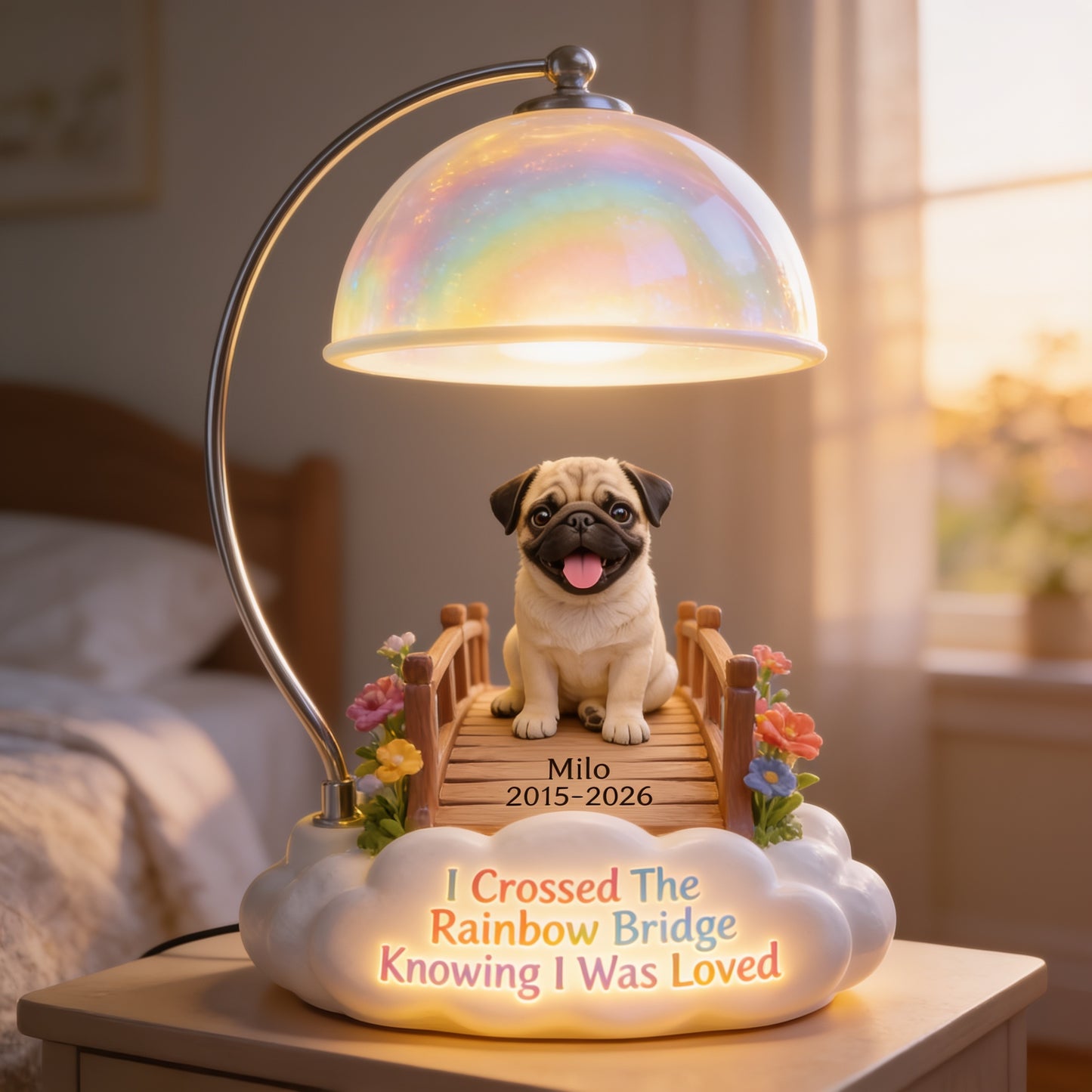 Personalized Fawn Pug Rainbow Bridge Memorial Acrylic LED Night Light, Custom Pet Loss Keepsake Gift for Dog Owners