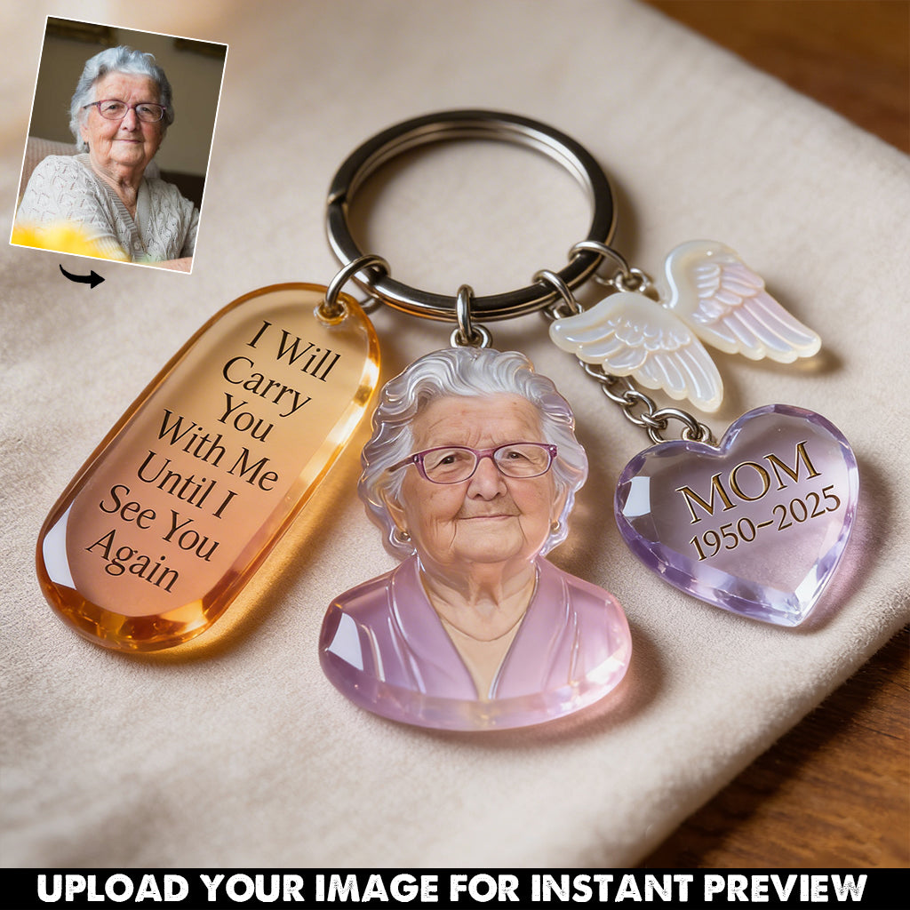 Personalized Custom Man Portrait Memorial Keychain with Angel Wing Charms, Sympathy Remembrance Keepsake Gift