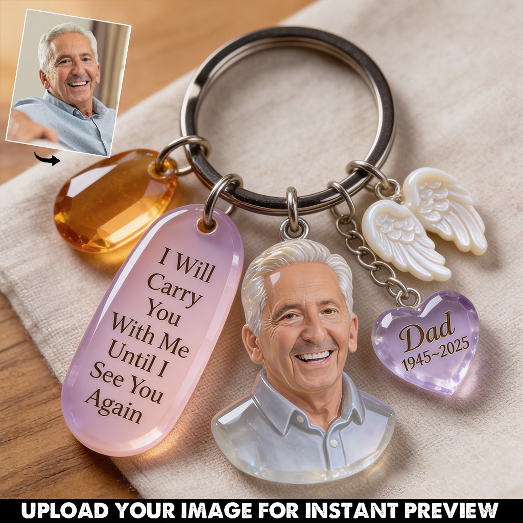 Custom Woman Portrait Memorial Keychain Personalized Sympathy Remembrance Keepsake with Angel Wing Charms Loss of Loved One Gift