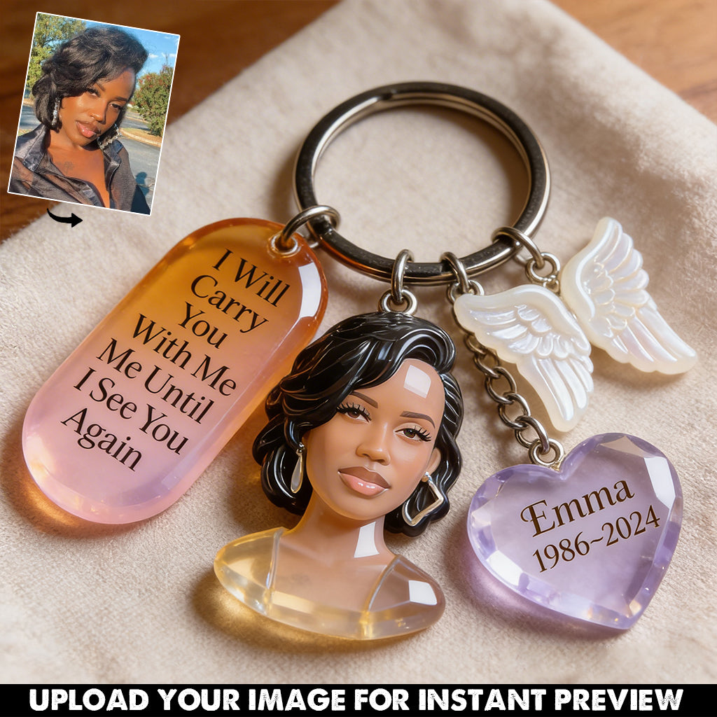 Custom Latin Man Portrait Memorial Keychain with Angel Charms, Personalized Photo Sympathy Remembrance Keepsake Gift
