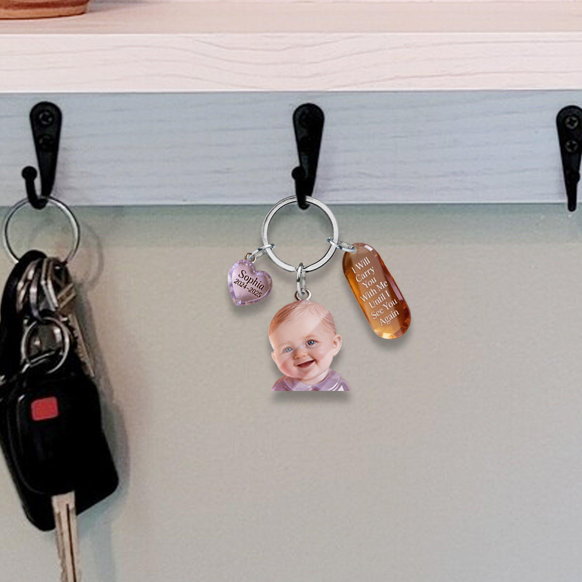 Custom Latin Man Portrait Memorial Keychain with Angel Charms, Personalized Photo Sympathy Remembrance Keepsake Gift
