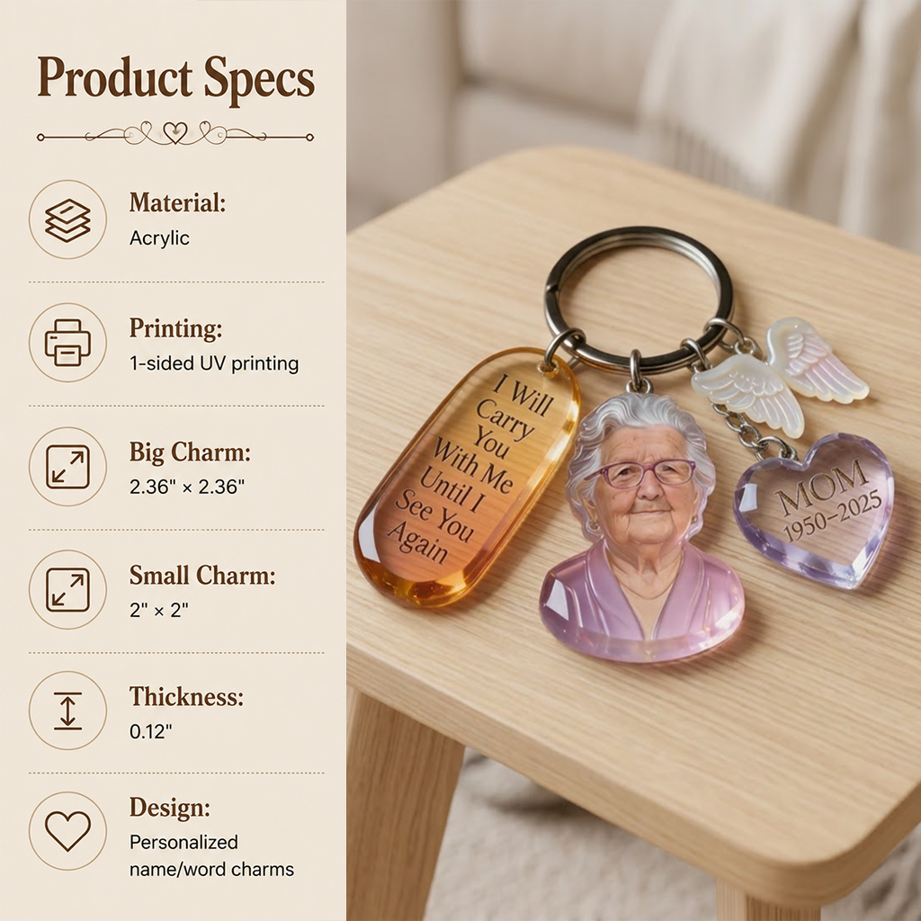 Custom Latin Man Portrait Memorial Keychain with Angel Charms, Personalized Photo Sympathy Remembrance Keepsake Gift