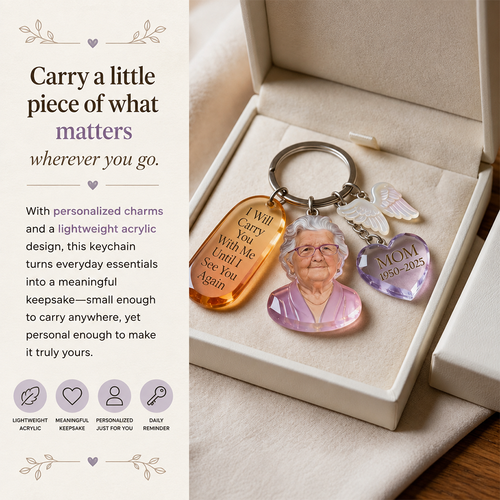 Custom Woman Portrait Memorial Keychain Personalized Sympathy Remembrance Keepsake with Angel Wing Charms Loss of Loved One Gift