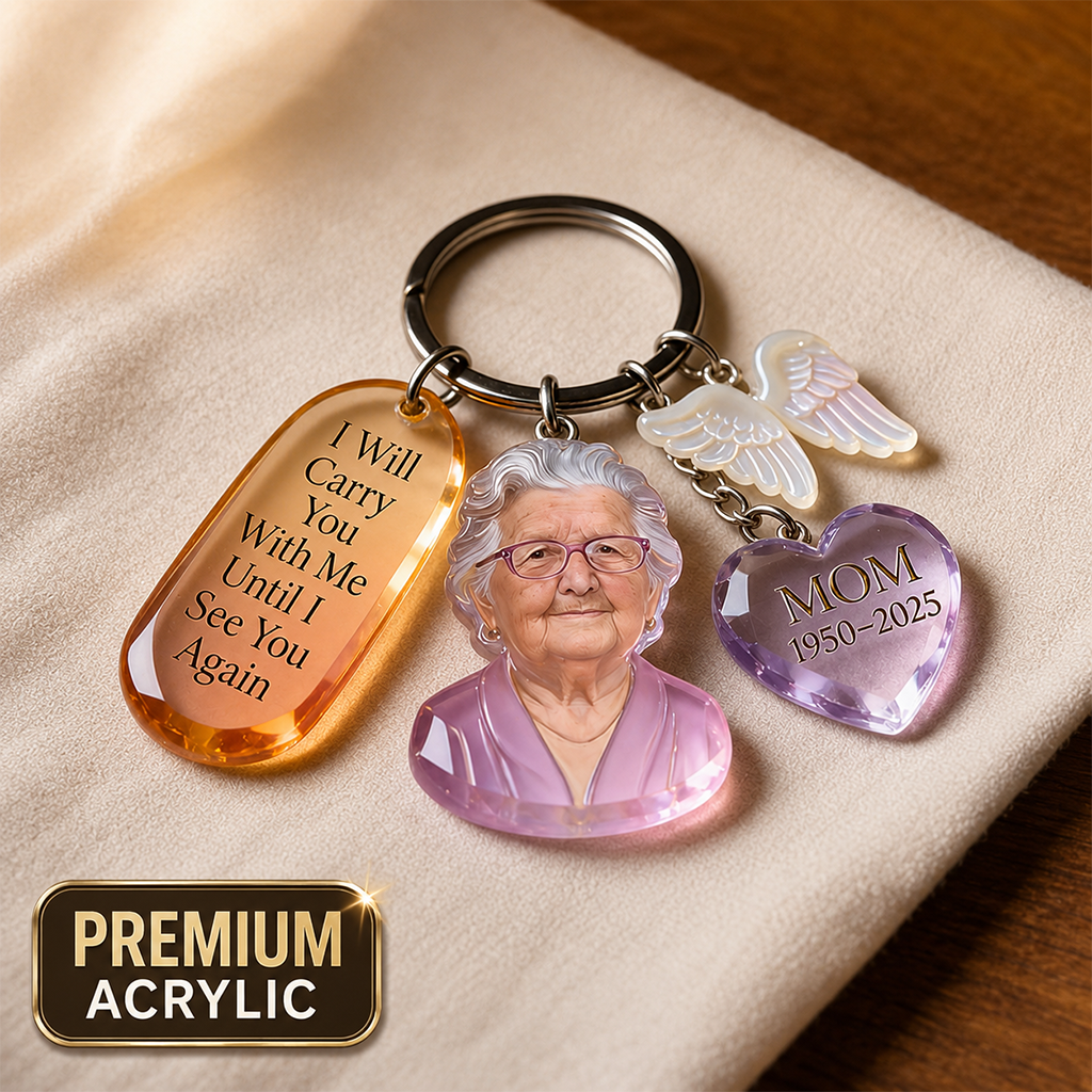 Custom Latin Man Portrait Memorial Keychain with Angel Charms, Personalized Photo Sympathy Remembrance Keepsake Gift