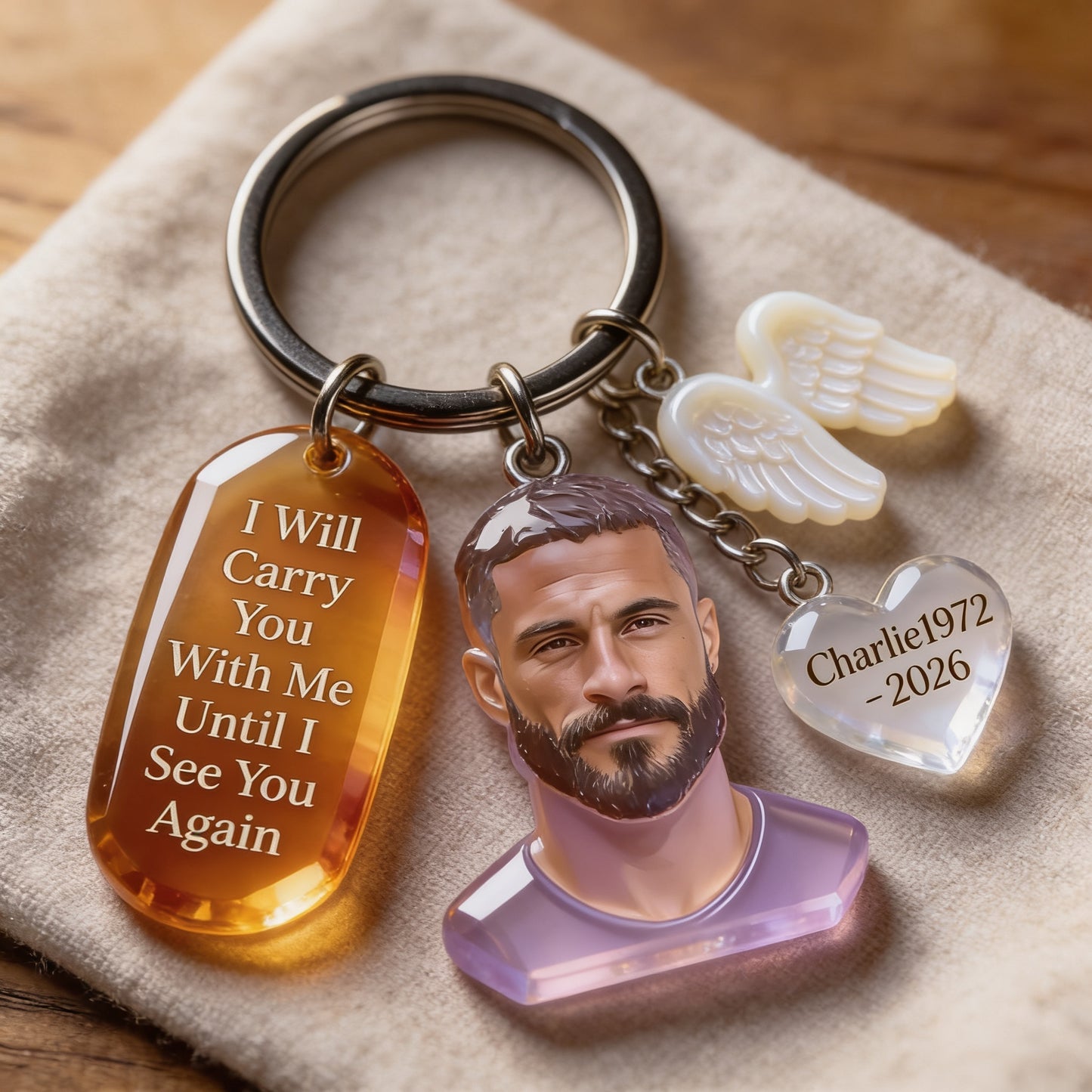 Custom Latin Man Portrait Memorial Keychain with Angel Charms, Personalized Photo Sympathy Remembrance Keepsake Gift