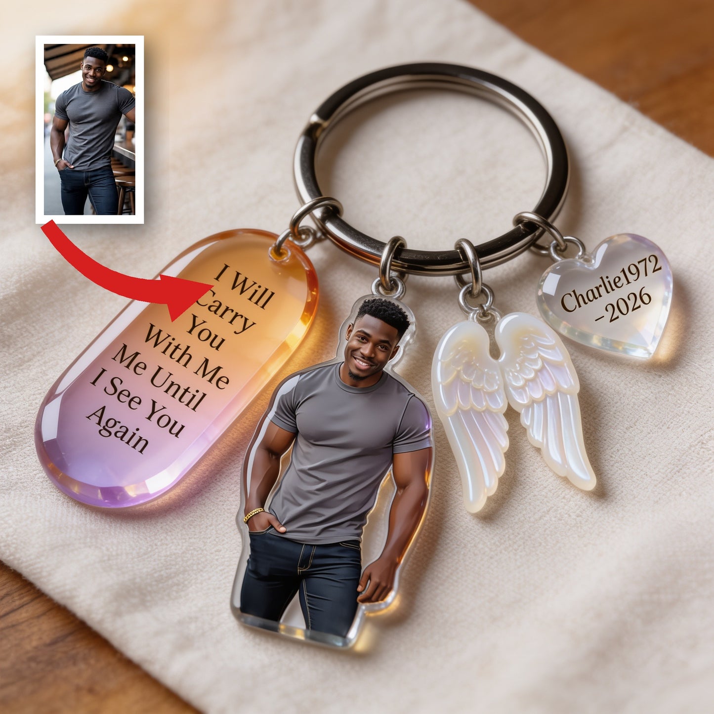 Personalized Black Man Photo Memorial Keychain with Angel Charms, Custom Sympathy Remembrance Keepsake Gift for Loved Ones
