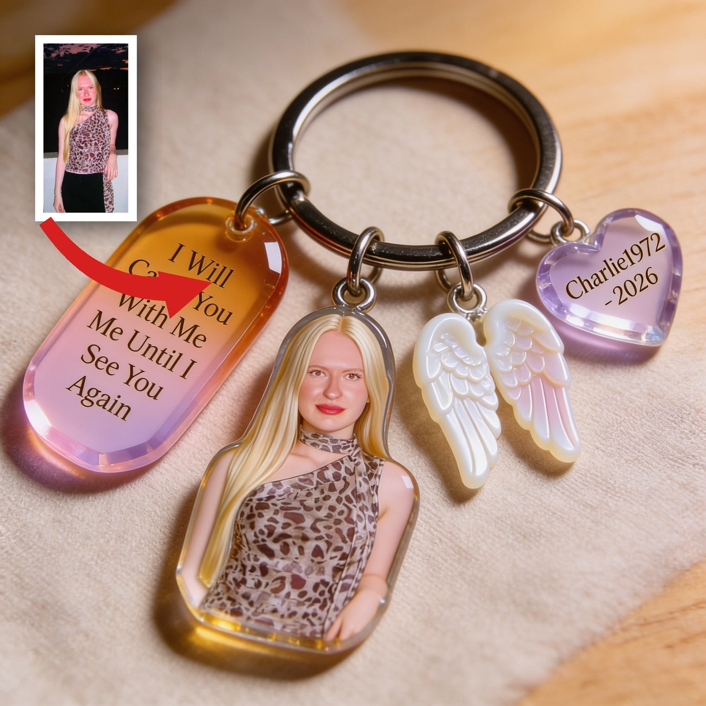 Custom Woman Portrait Memorial Keychain Personalized Sympathy Remembrance Keepsake with Angel Wing Charms Loss of Loved One Gift