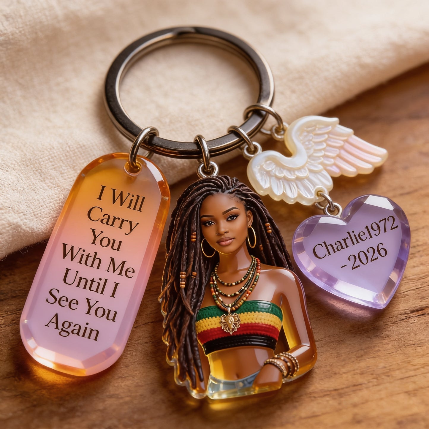 Personalized Custom Black Woman Portrait Memorial Keychain with Charms Sympathy Remembrance Keepsake Gift