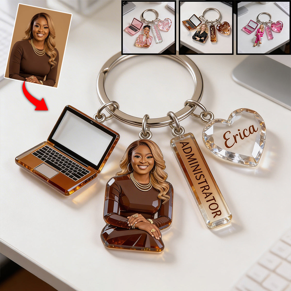 Personalized Adult Black Man Portrait Keychain, Custom Office Colleague Appreciation Gift With Themed Charms