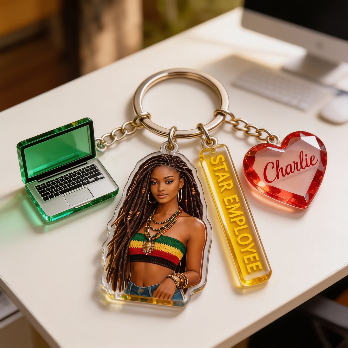 Personalized Black Woman Portrait Keychain, Custom Star Employee Office Appreciation Gift for Colleague with Charms