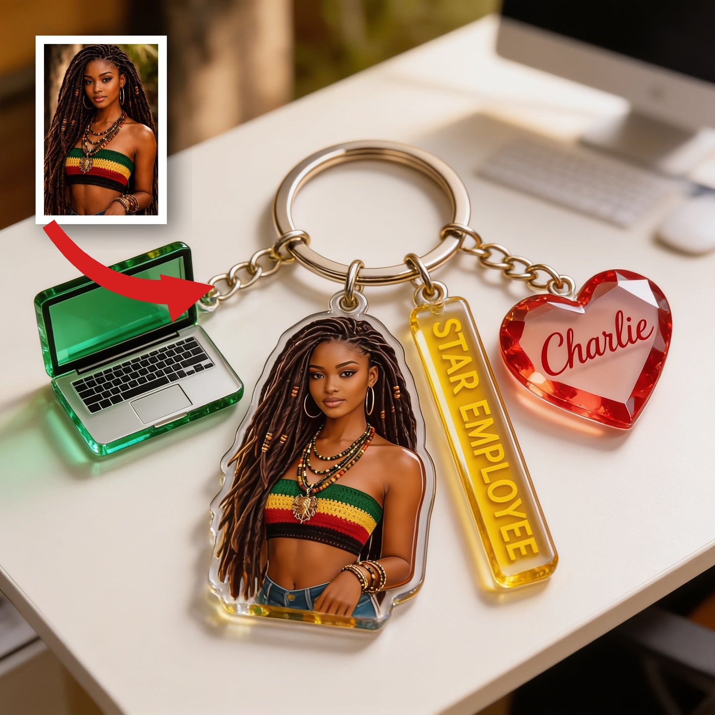 Personalized Black Woman Portrait Keychain, Custom Star Employee Office Appreciation Gift for Colleague with Charms