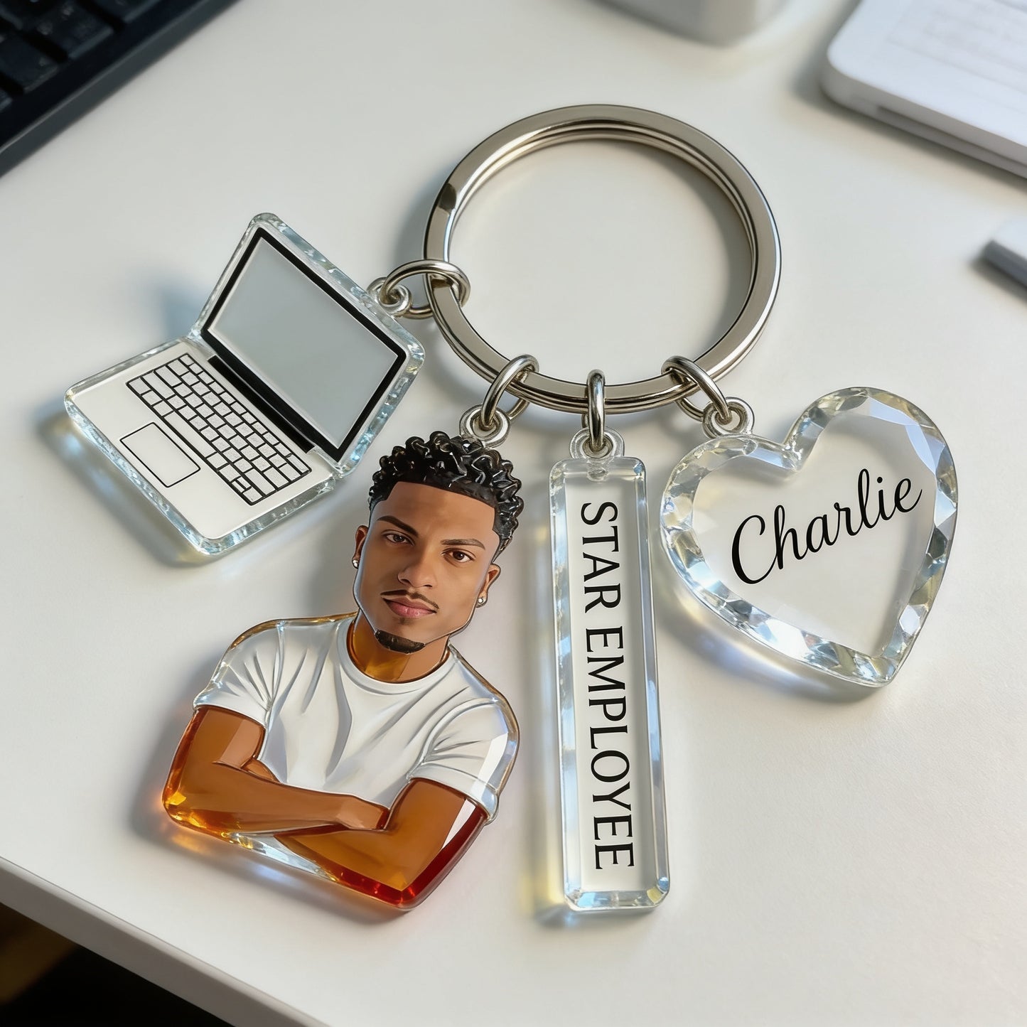 Personalized Adult Latin Man Portrait Keychain, Custom Office Colleague Staff Appreciation Gift With Themed Charms