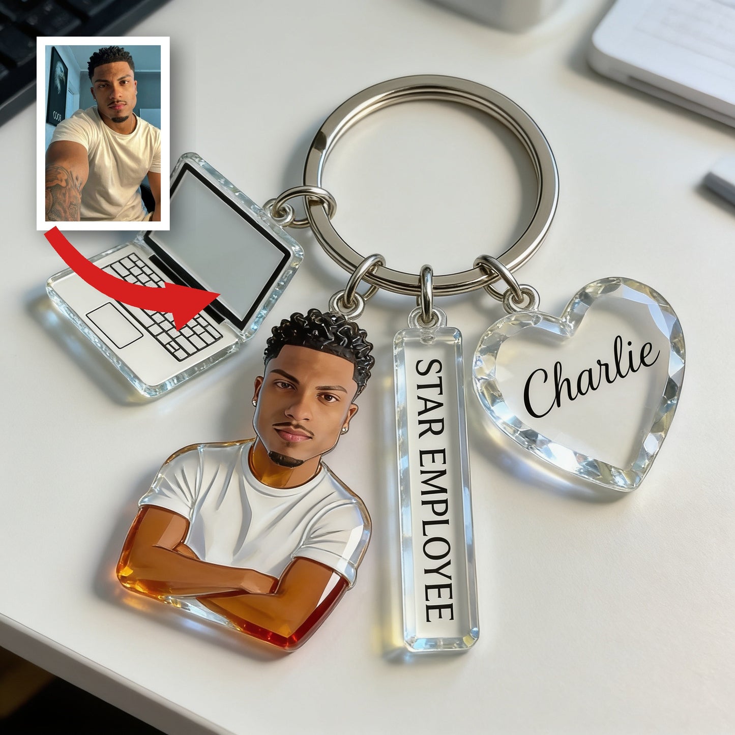 Personalized Adult Latin Man Portrait Keychain, Custom Office Colleague Staff Appreciation Gift With Themed Charms