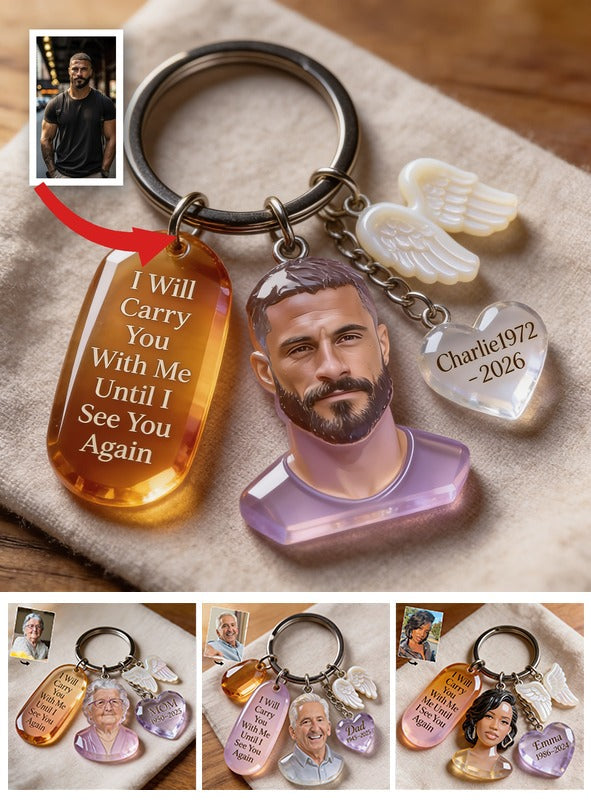 Custom Latin Man Portrait Memorial Keychain with Angel Charms, Personalized Photo Sympathy Remembrance Keepsake Gift
