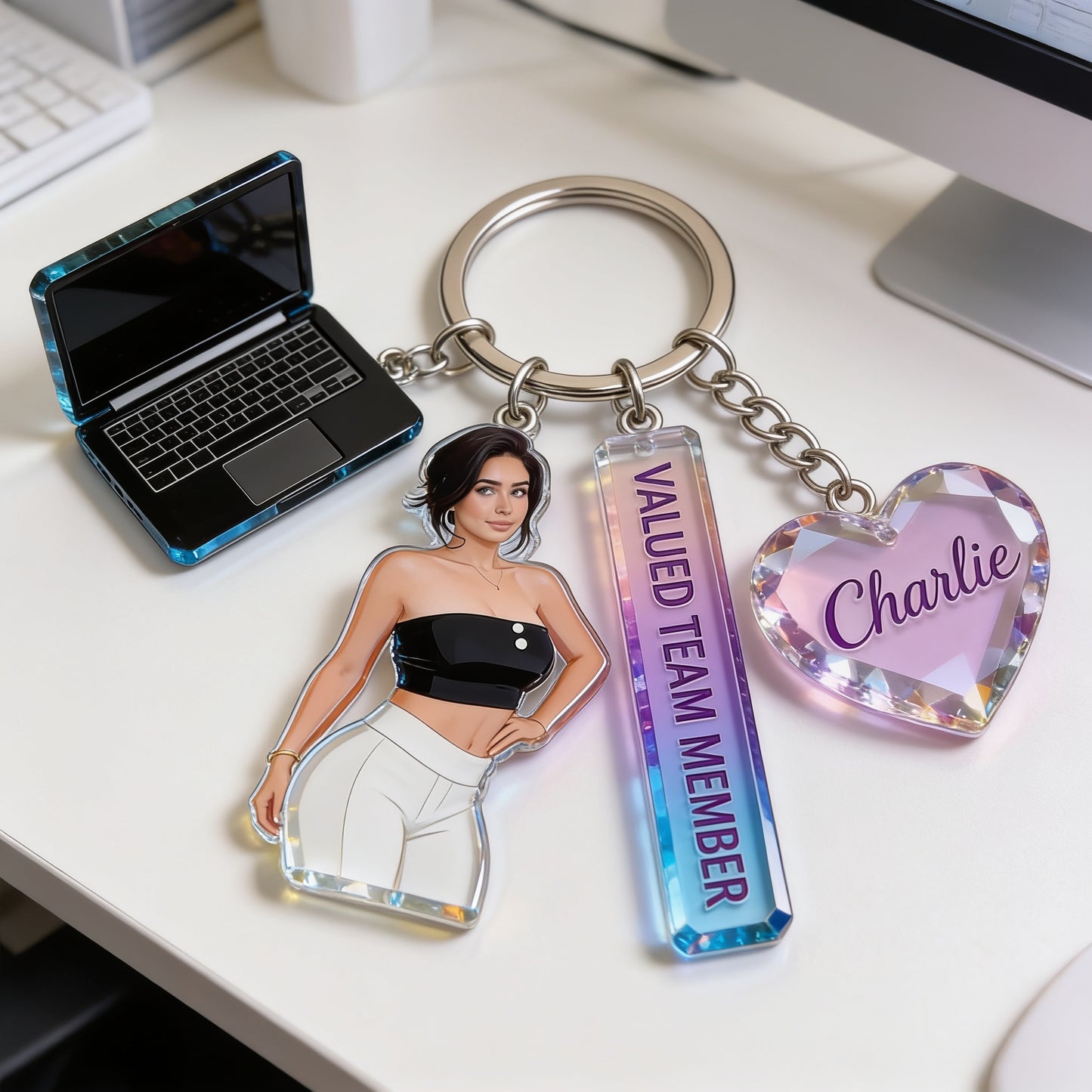 Personalized Adult Woman Portrait Keychain, Custom Office Team Appreciation Gift For Coworker Colleague With Charms