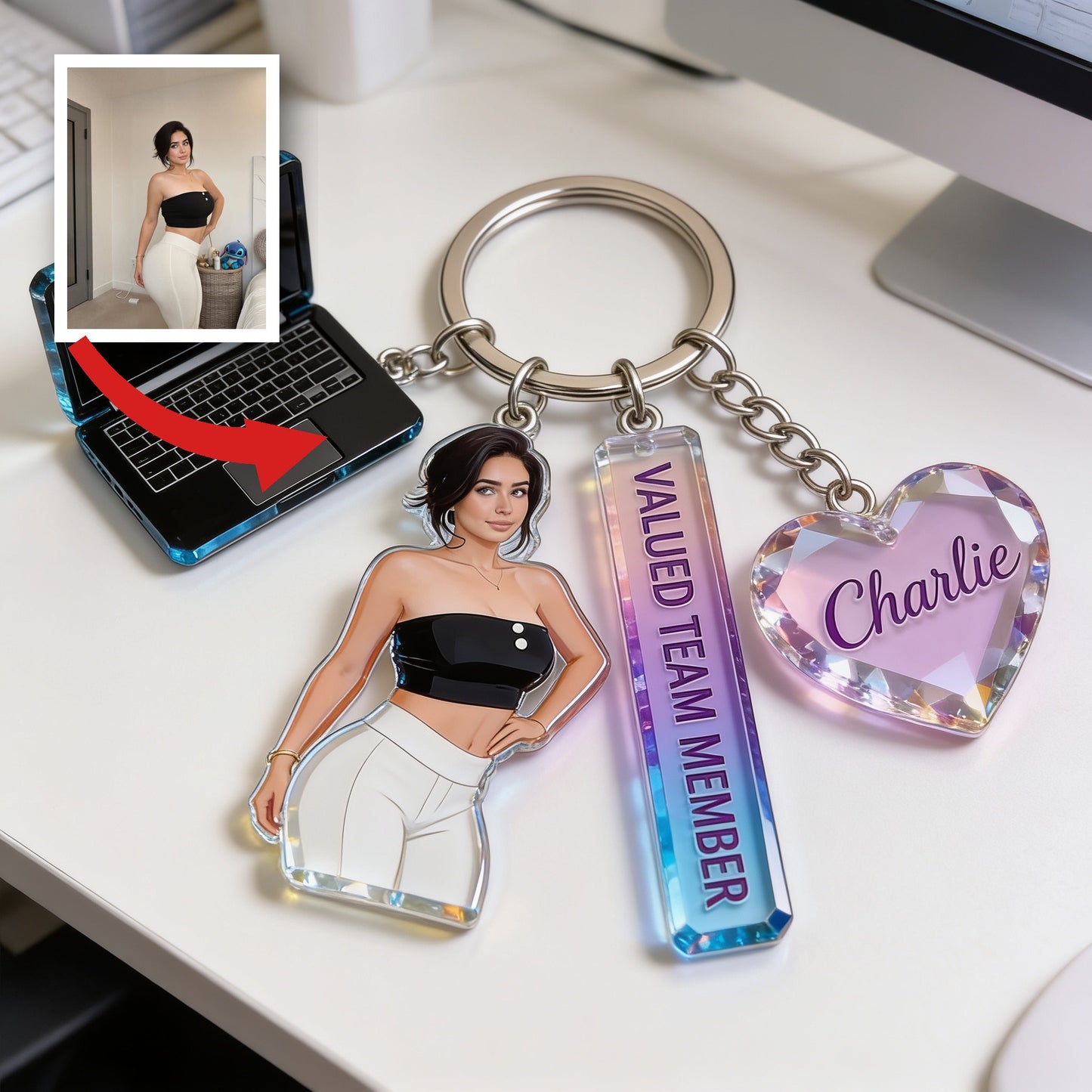 Personalized Adult Woman Portrait Keychain, Custom Office Team Appreciation Gift For Coworker Colleague With Charms