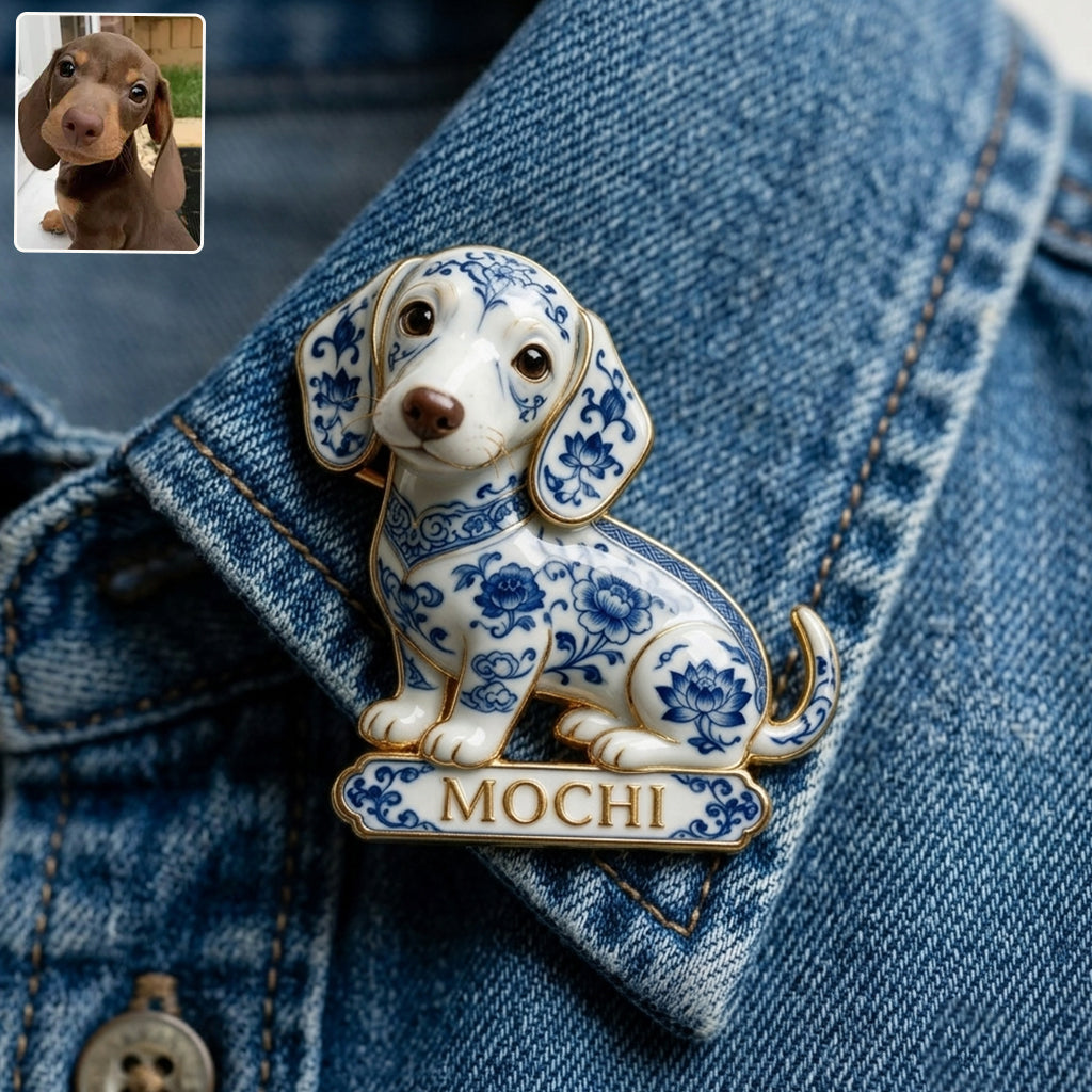 Blue & White Porcelain Sitting Japanese Akita Inu Personalized 3D Embossed Enamel Pin Dog Lover Gift