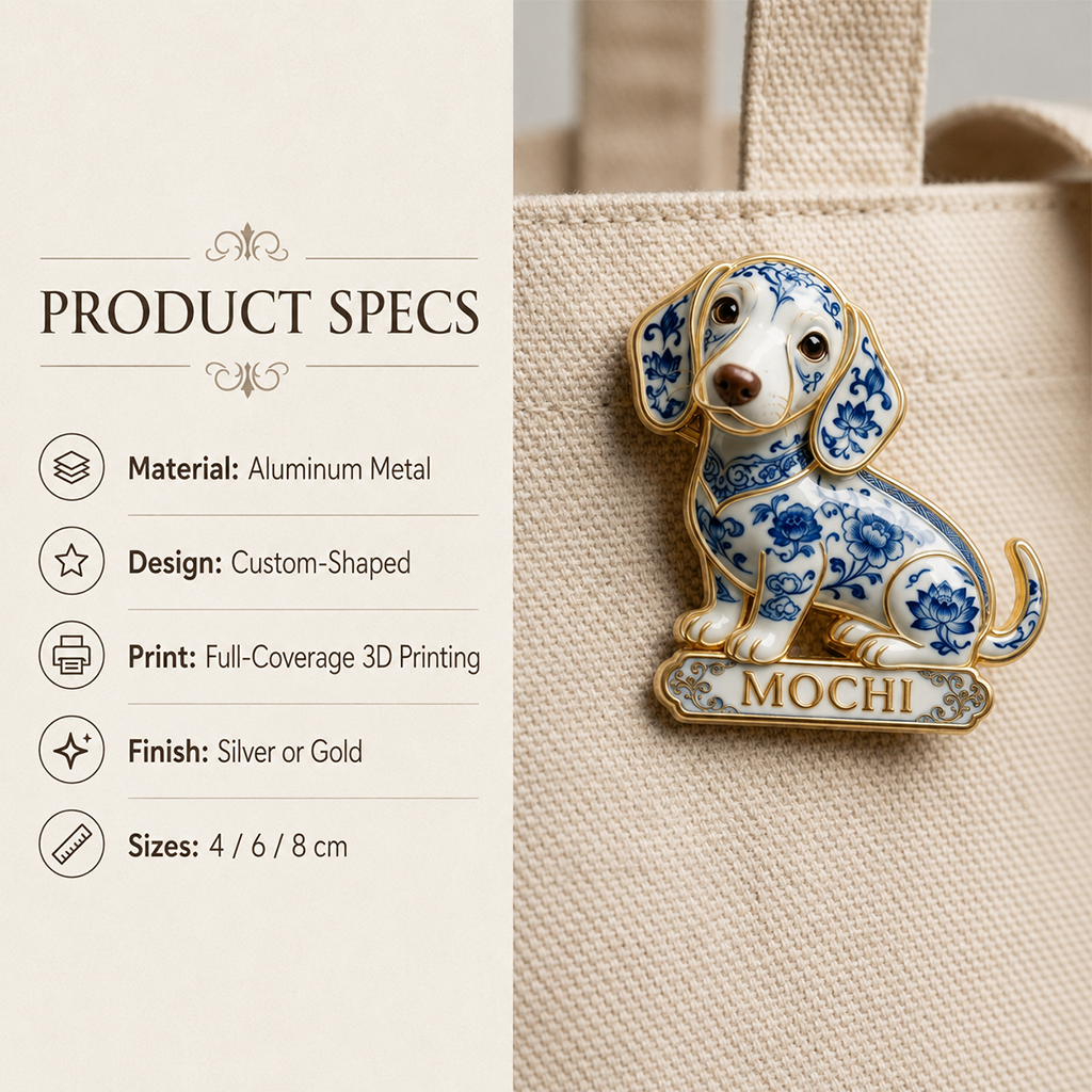 Blue and White Porcelain Pattern Greyhound Dog Personalized 3D Embossed Enamel Pin, Dog Lover Collectible Gift