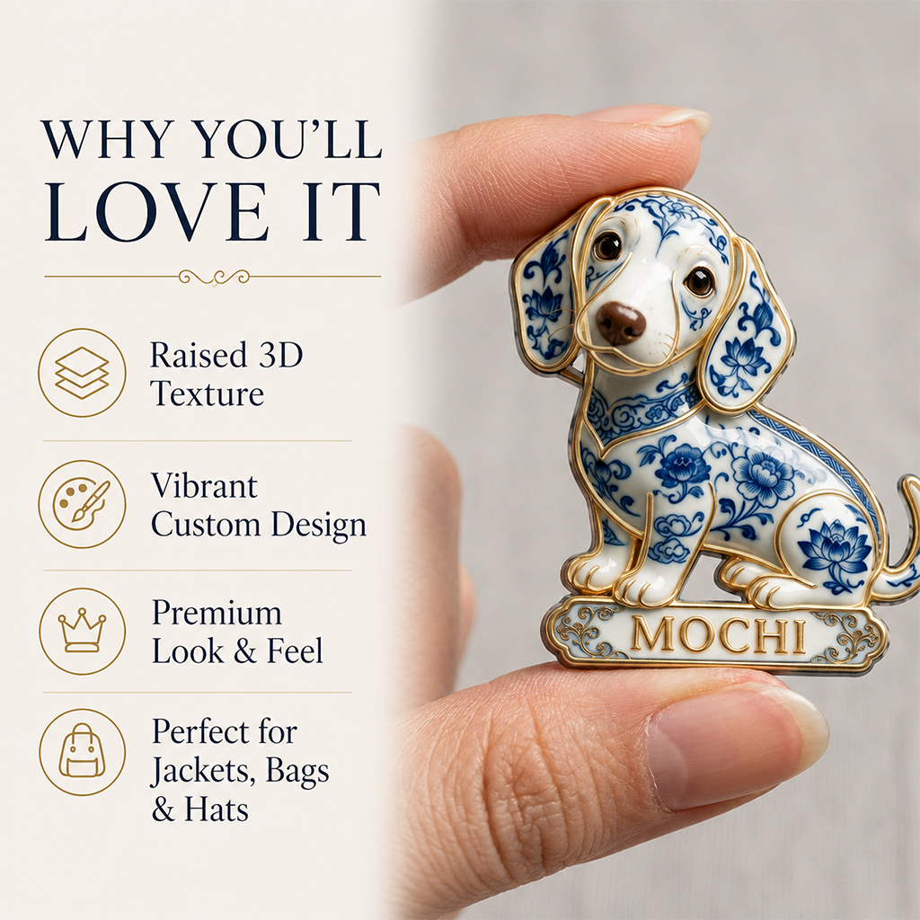 Cute Personalized Blue & White Porcelain Labrador Retriever Puppy 3D Embossed Enamel Pin, Dog Lover Gift