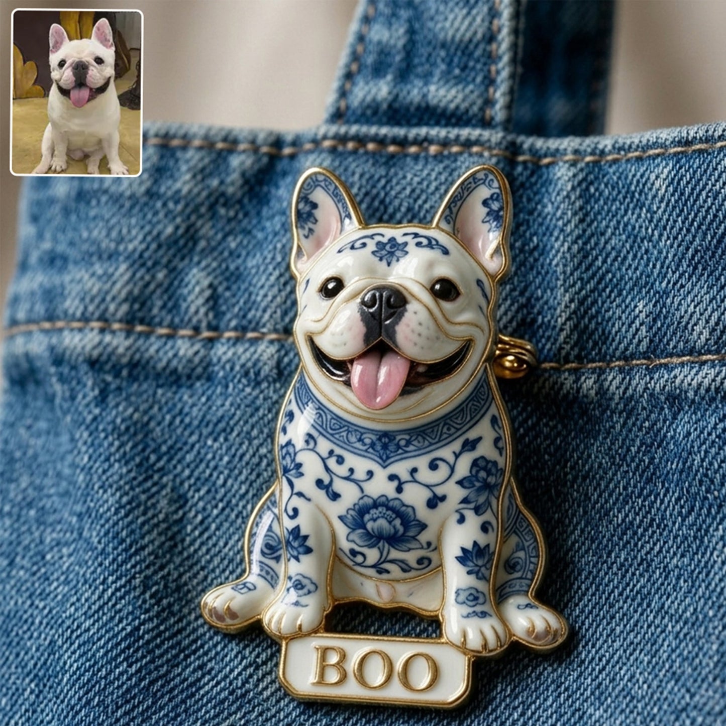 Personalized Blue & White Porcelain English Bulldog 3D Embossed Enamel Pin, Dog Lover Gift Accessory