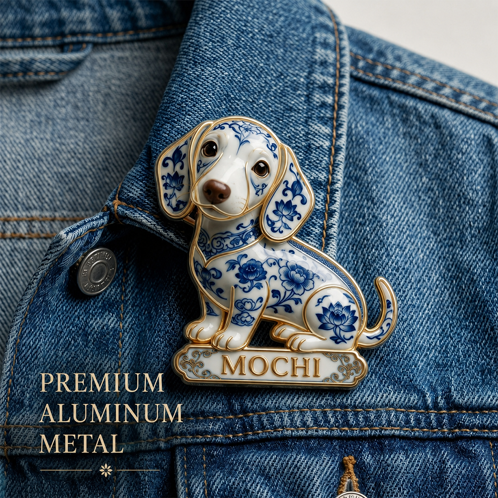 Personalized Blue & White Porcelain Chihuahua 3D Embossed Enamel Pin, Cute Custom Gift for Chihuahua Dog Lovers