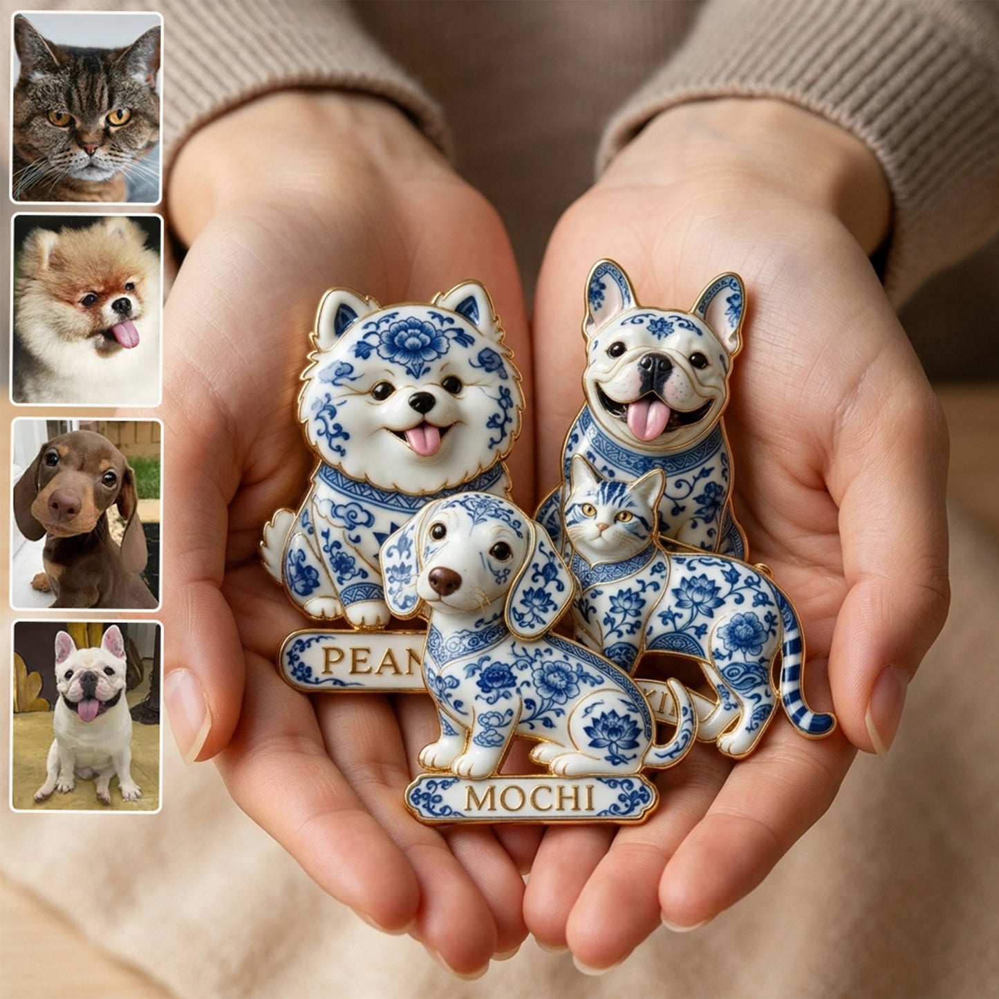 Blue And White Porcelain French Bulldog Personalized 3D Embossed Enamel Pin, Custom Dog Lover Gift Accessory