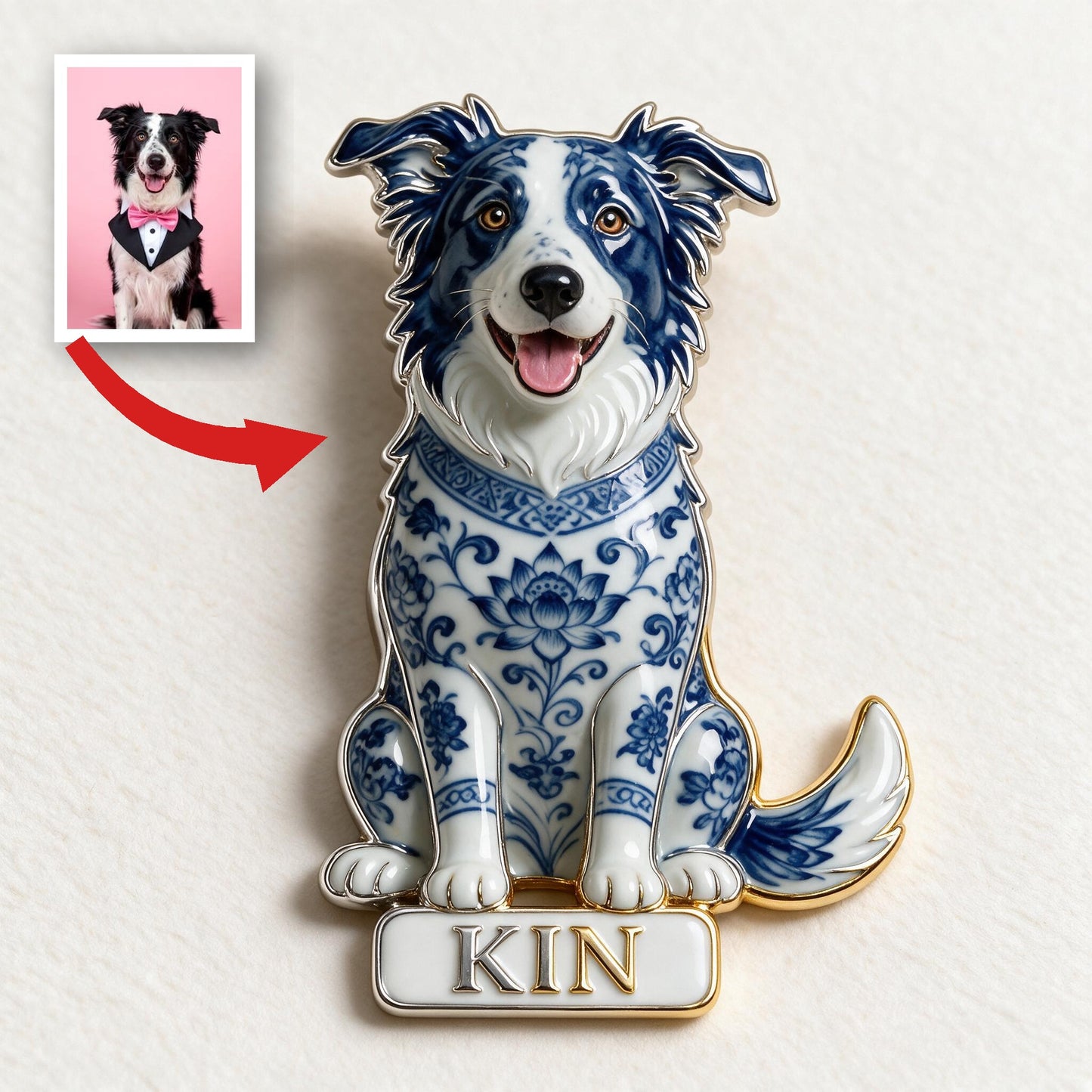 Blue and White Porcelain Border Collie 3D Embossed Enamel Pin, Personalized Custom Gift for Border Collie Dog Lovers