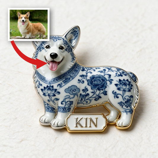 Personalized Blue & White Porcelain Welsh Corgi 3D Embossed Enamel Pin, Corgi Owner Gift Collectible Accessory