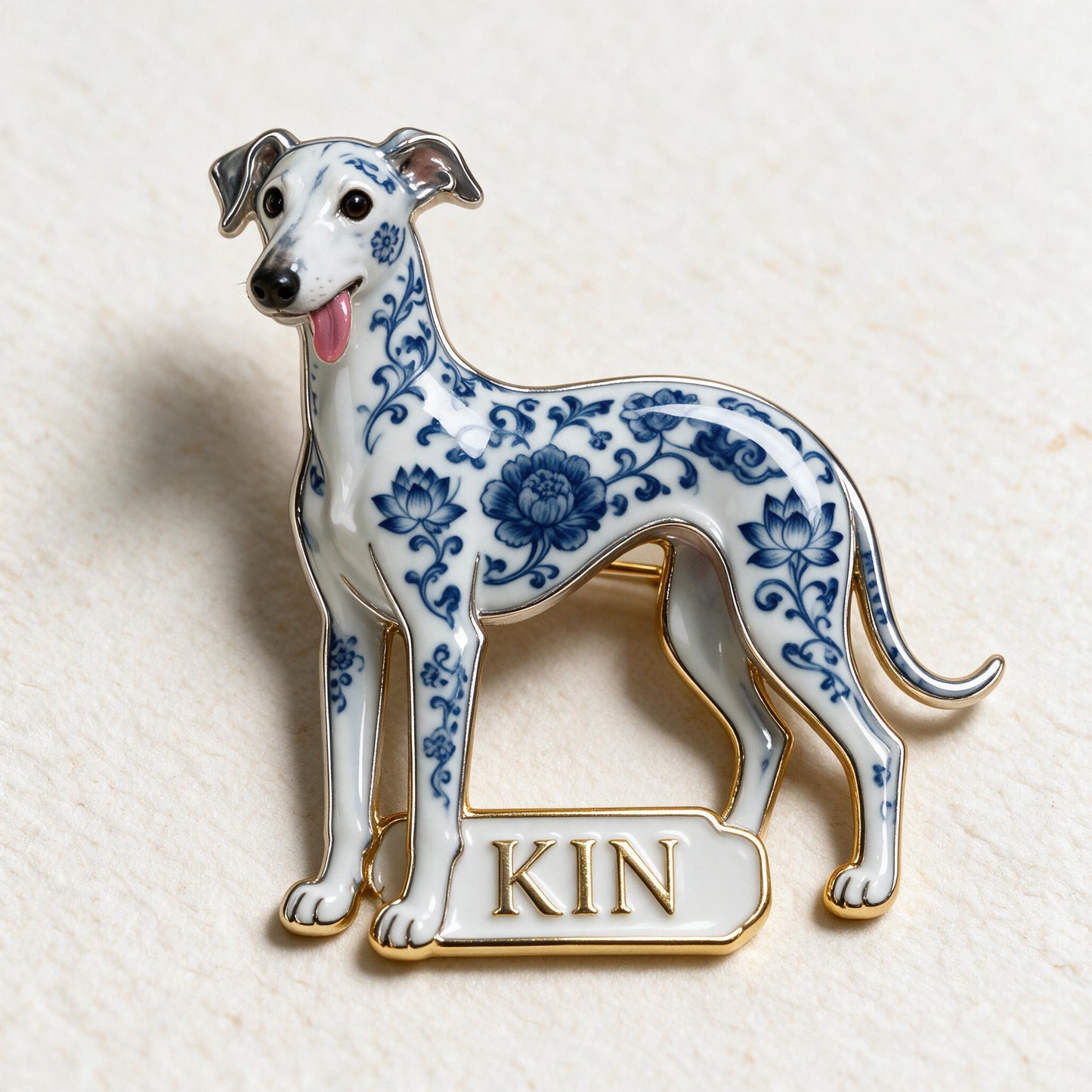 Blue and White Porcelain Pattern Greyhound Dog Personalized 3D Embossed Enamel Pin, Dog Lover Collectible Gift