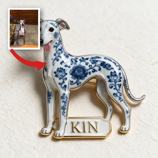 Blue and White Porcelain Pattern Greyhound Dog Personalized 3D Embossed Enamel Pin, Dog Lover Collectible Gift