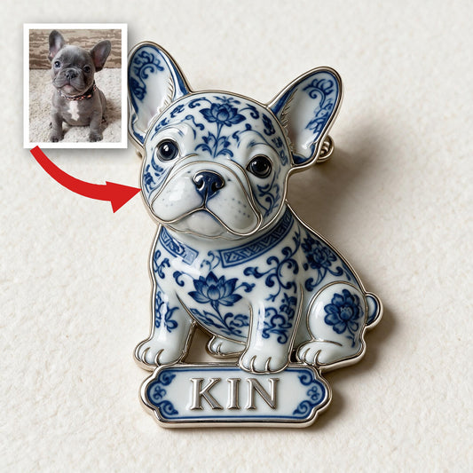 Blue And White Porcelain French Bulldog Personalized 3D Embossed Enamel Pin, Custom Dog Lover Gift Accessory