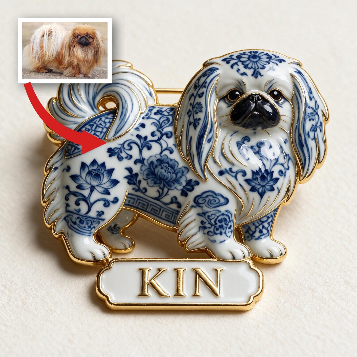 Personalized Blue And White Porcelain Shih Tzu 3D Embossed Enamel Pin, Custom Dog Lover Gift