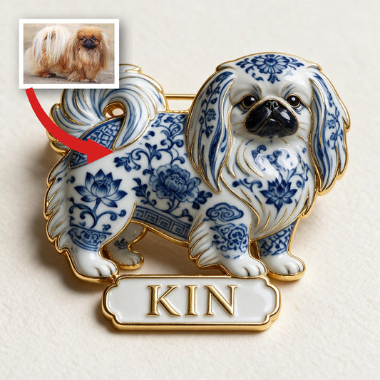 Personalized Blue And White Porcelain Shih Tzu 3D Embossed Enamel Pin, Custom Dog Lover Gift